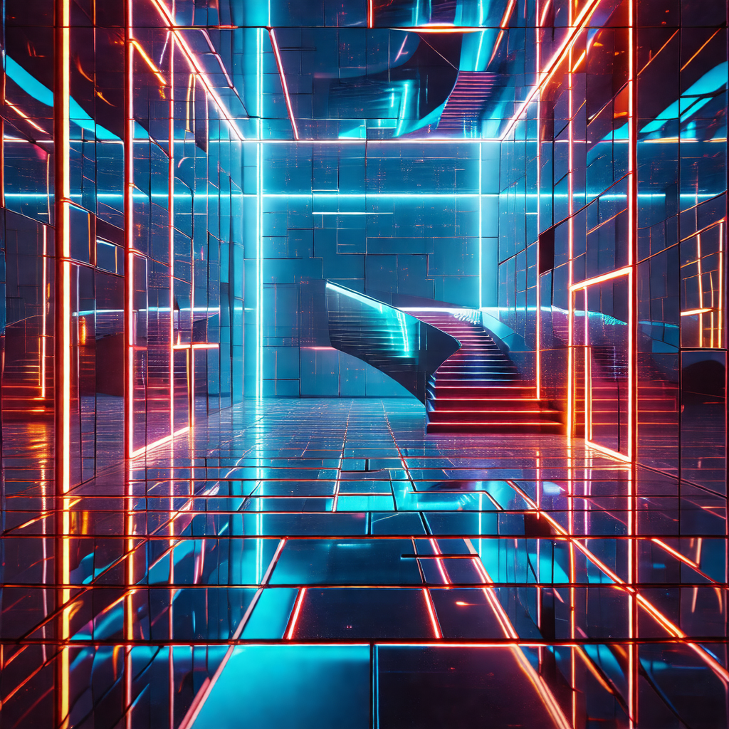 Futuristic, neon-lit scene featuring a spiral staircase