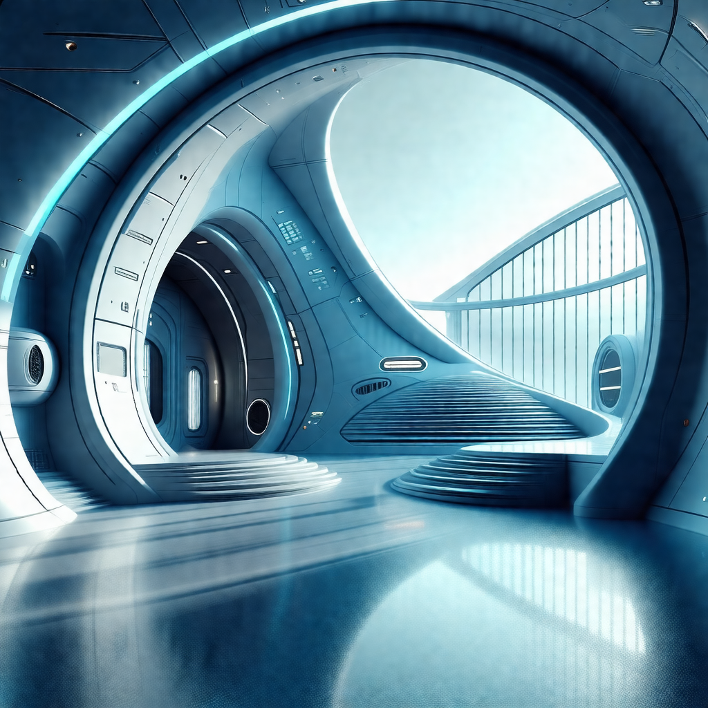 Futuristic space station with a large, curved doorway