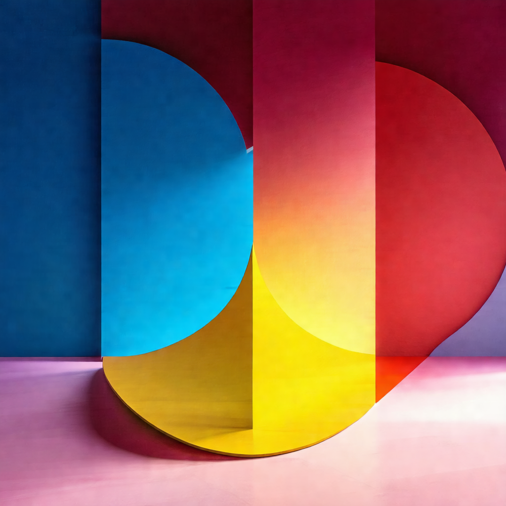 Large, colorful, and abstract sculpture made of three dif...