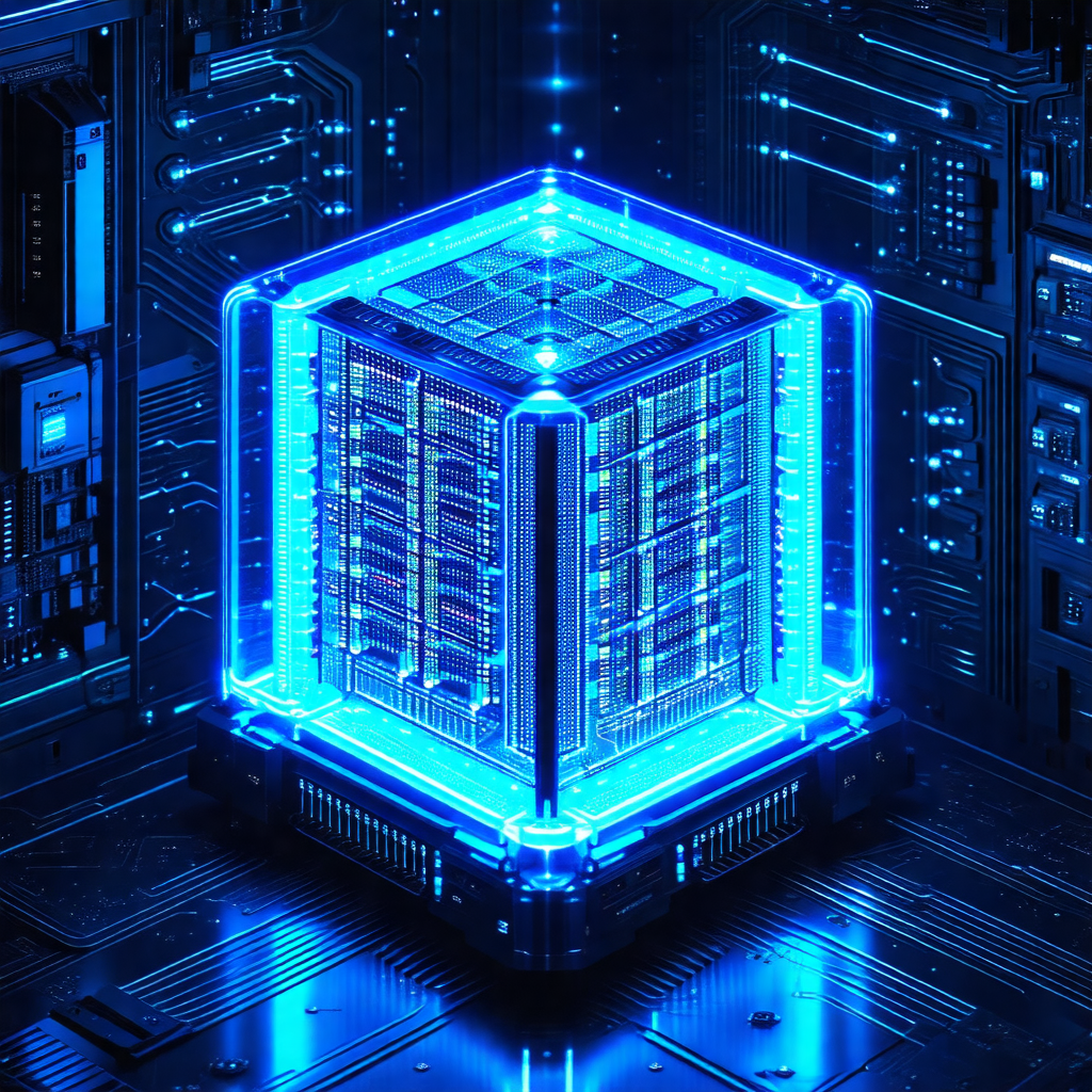 Large, blue, three-dimensional box with a futuristic design