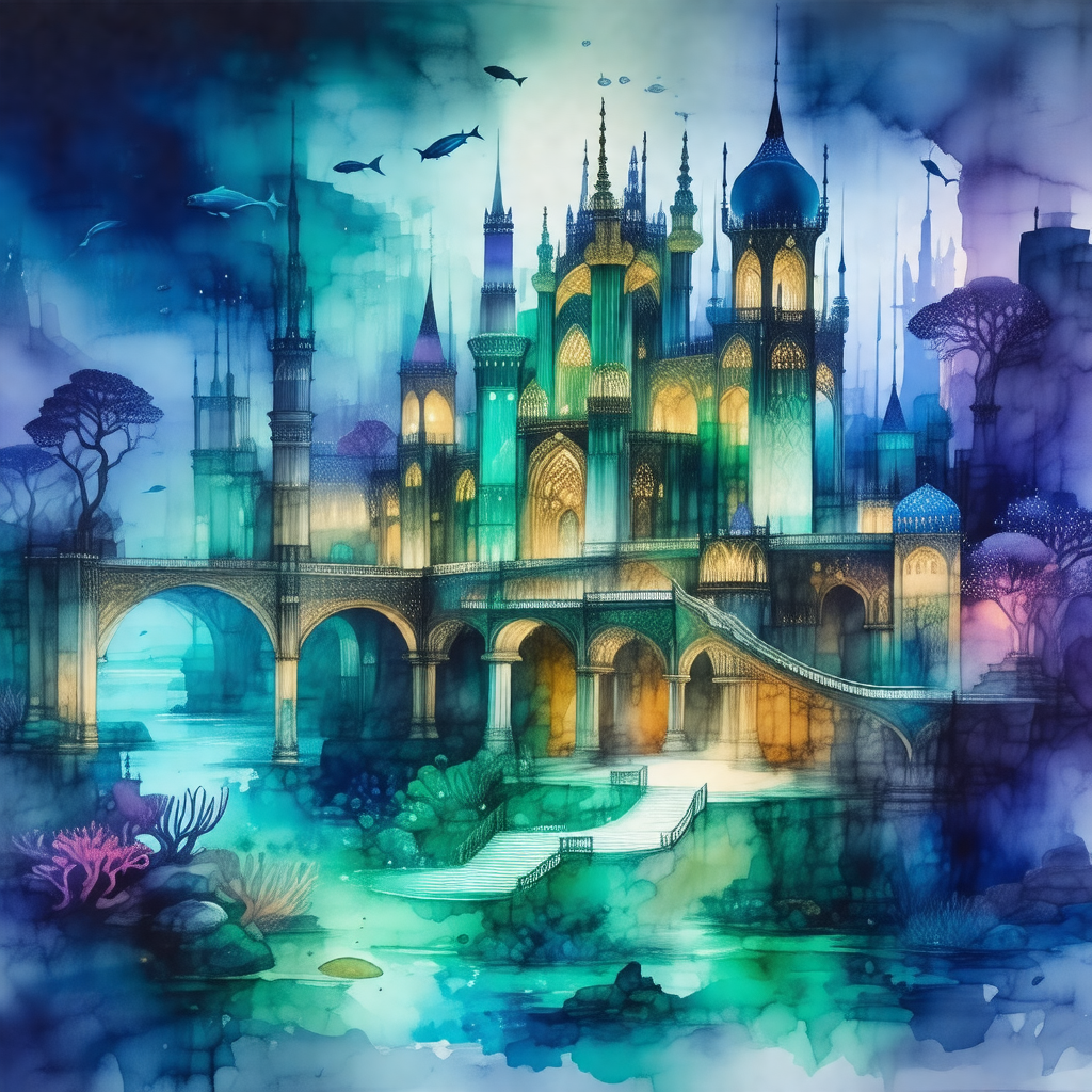 Painting of a large, ornate castle with a bridge leading ...