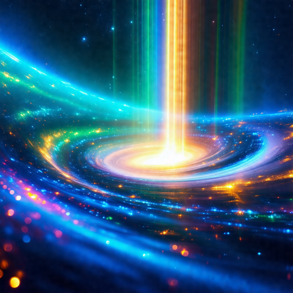 Brightly colored spiral, possibly a galaxy or a nebula, w...