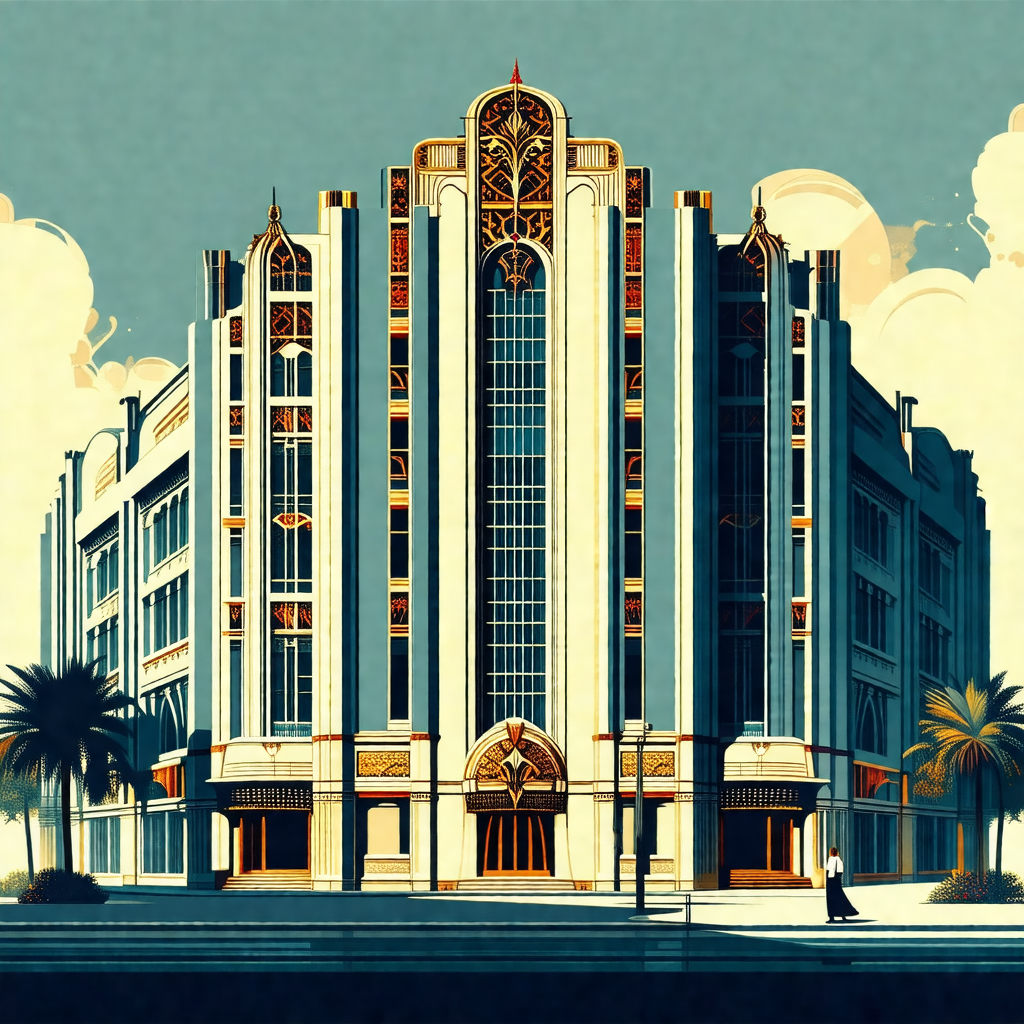 Large, detailed drawing of a white building with a gold trim