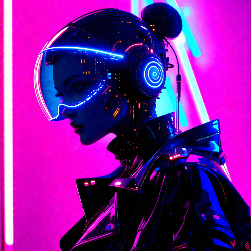 Woman wearing a futuristic outfit, including a black jack...