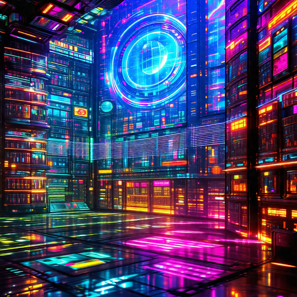 Futuristic, colorful, and vibrant scene featuring a large...