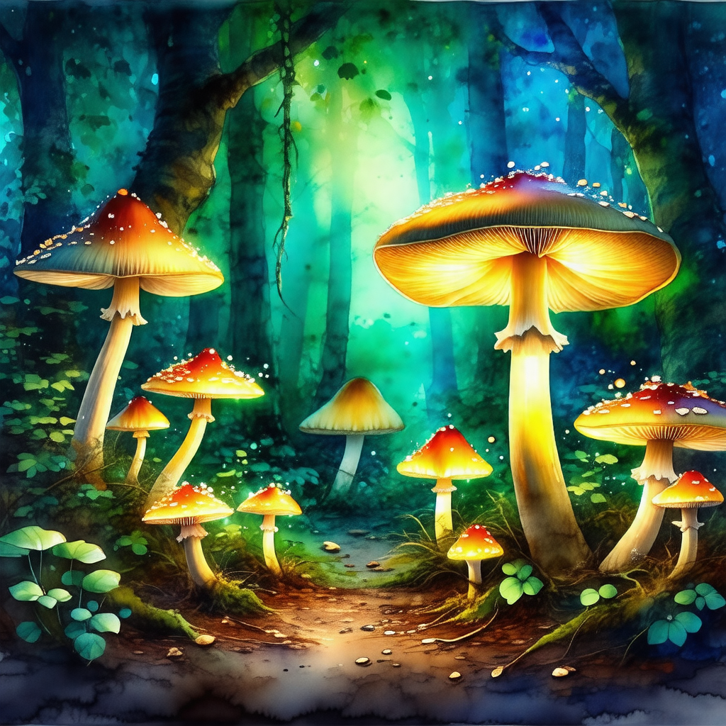 Forest with a group of mushrooms growing on the ground