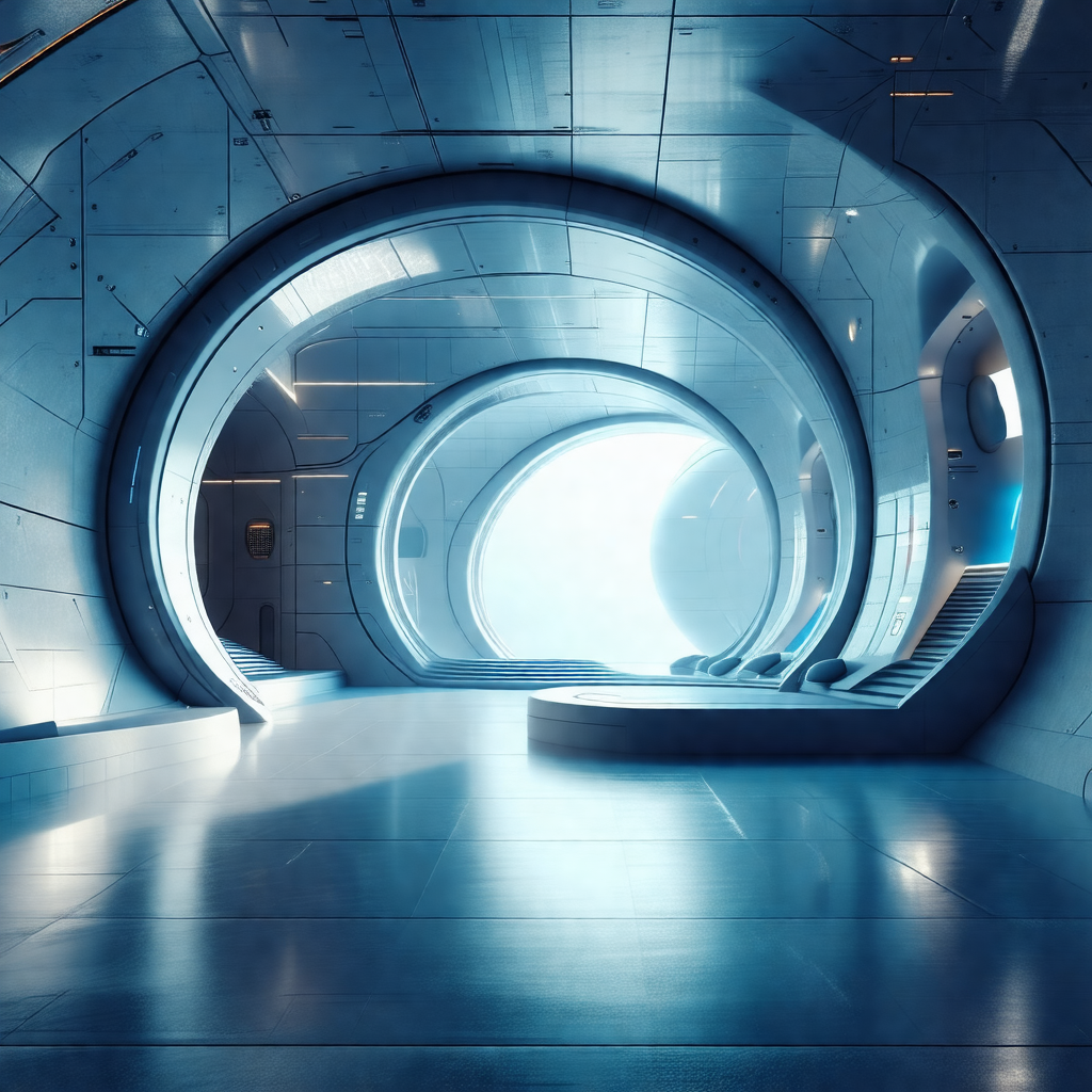 Futuristic space station with a large, curved tunnel that...