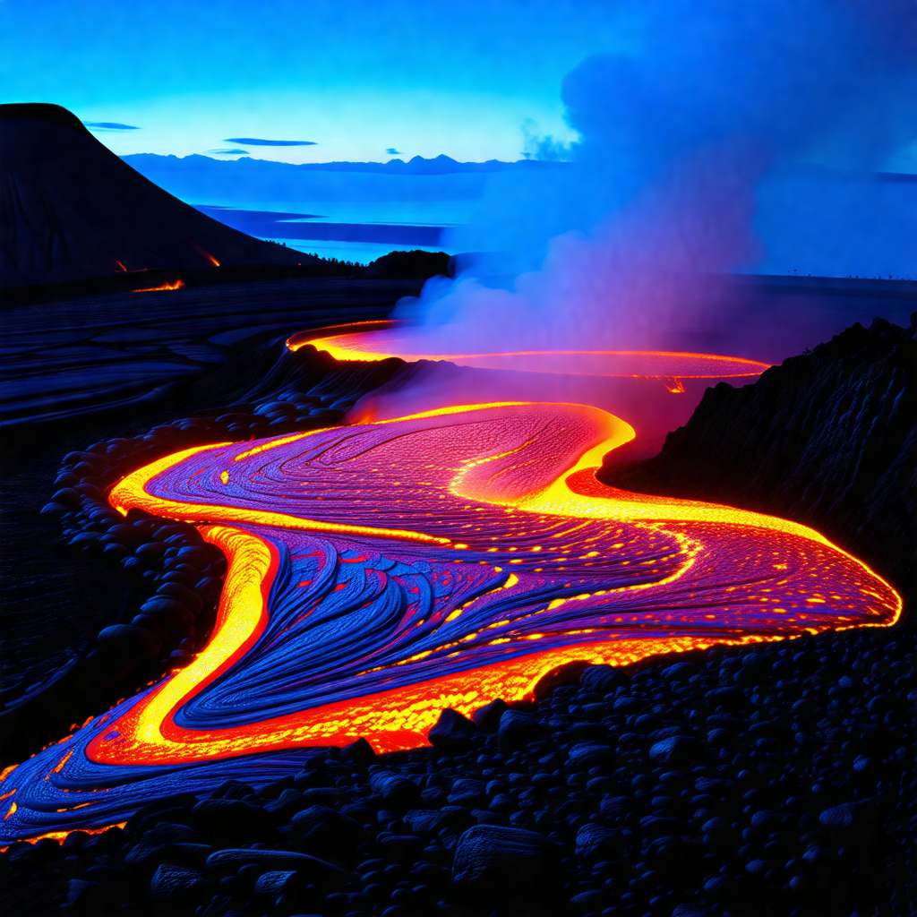 Captures a beautiful sunset over a lava flow, with the sk...
