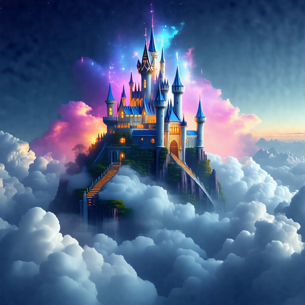 Majestic castle floating high in the sky, surrounded by c...