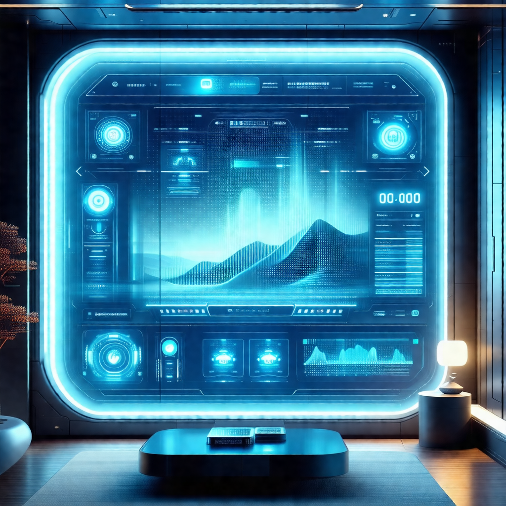Futuristic room with a large, blue, illuminated wall