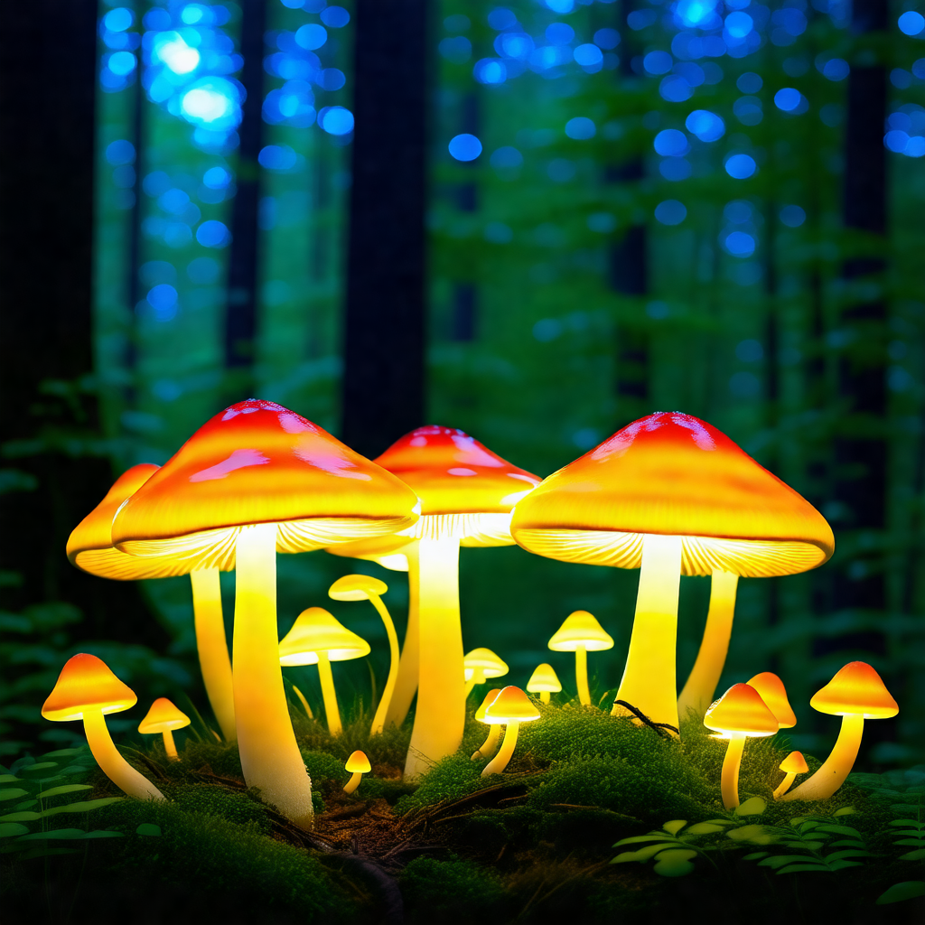 Group of four brightly lit mushrooms growing in a forest