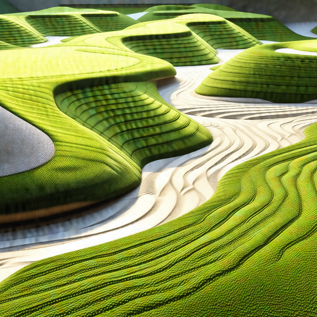 Large, green, grassy field with a variety of mounds and h...