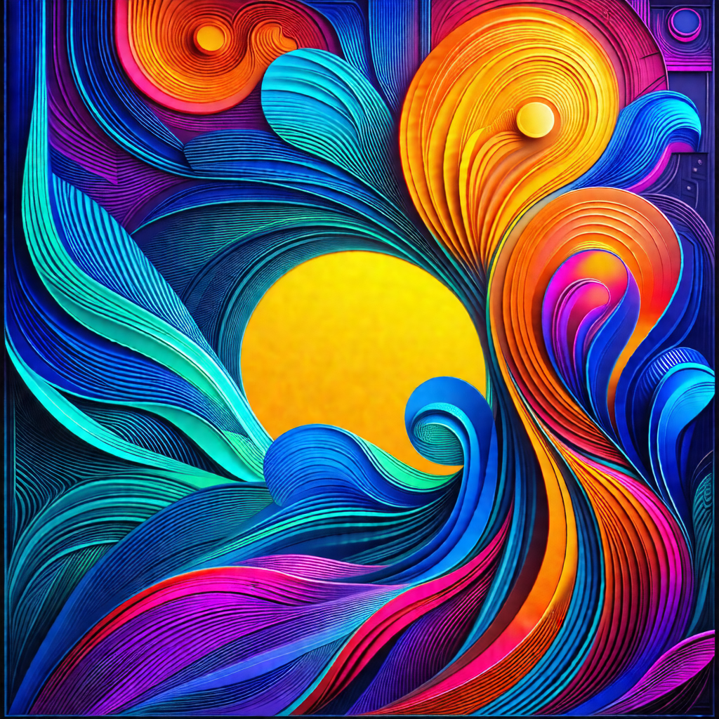 Colorful painting of a sunset, featuring a vibrant yellow...