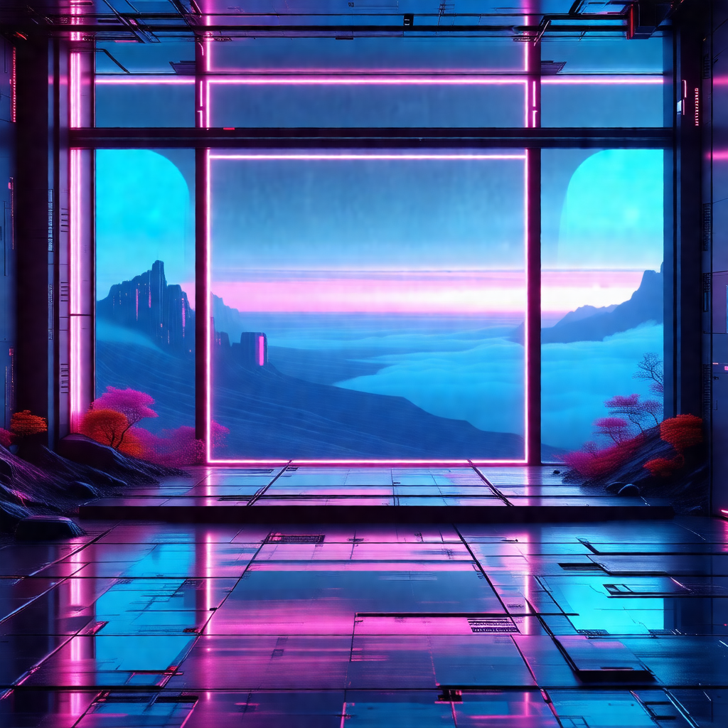 Futuristic room with a large window that overlooks a beau...