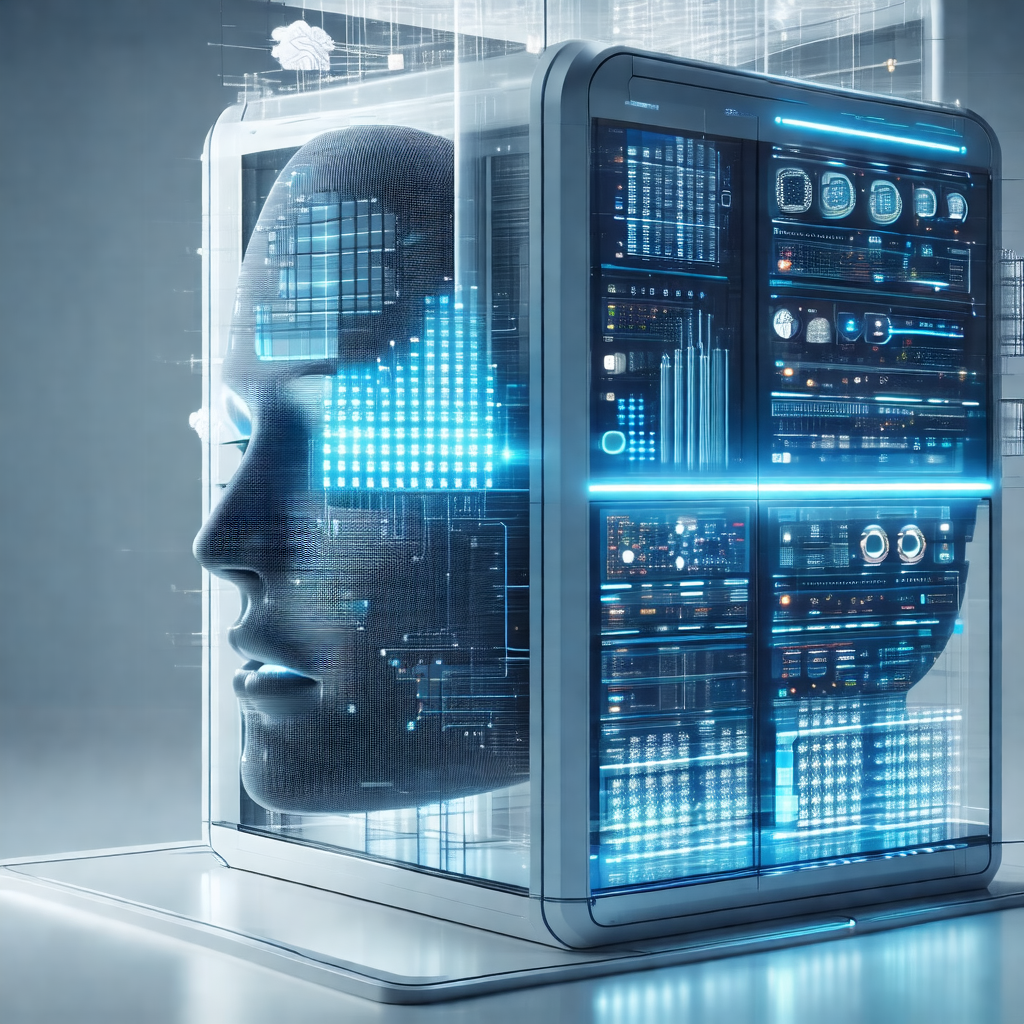 Futuristic computer system with a large, illuminated face