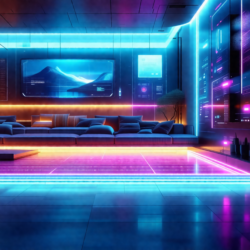 Futuristic, neon-lit room with a couch and a chair