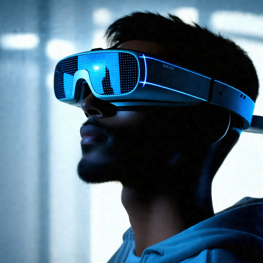 Man wearing a pair of blue goggles, which are likely augm...