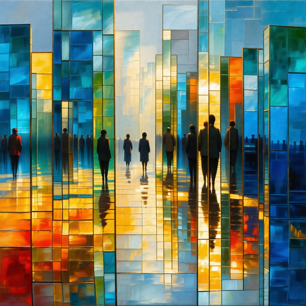 Painting of a group of people walking down a street
