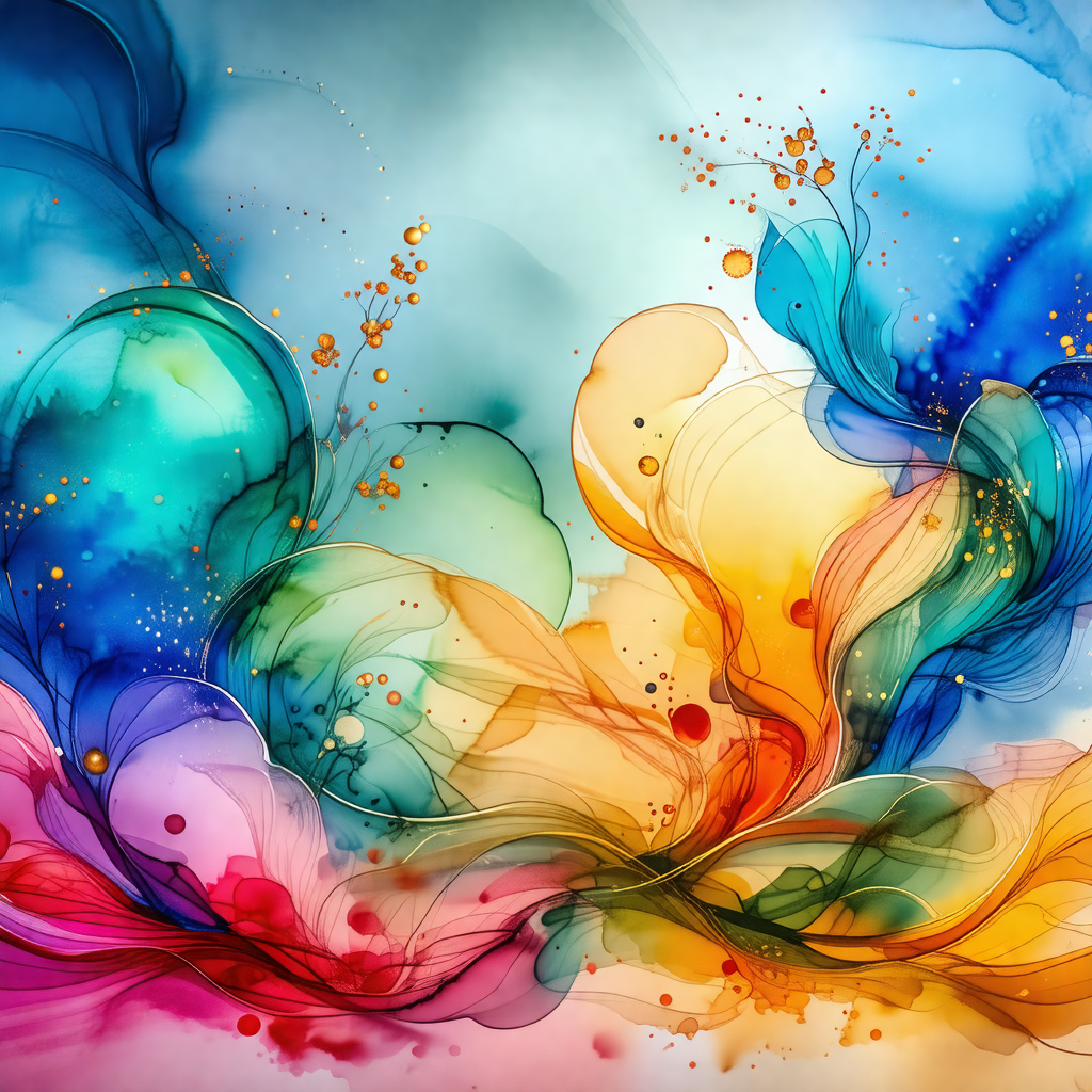 Colorful painting of a waterfall, featuring a mix of blue...
