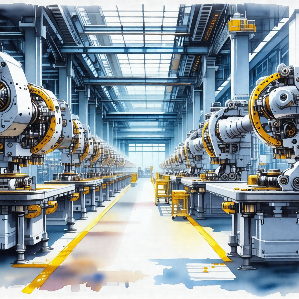 Blue and white drawing of a factory with a large number o...