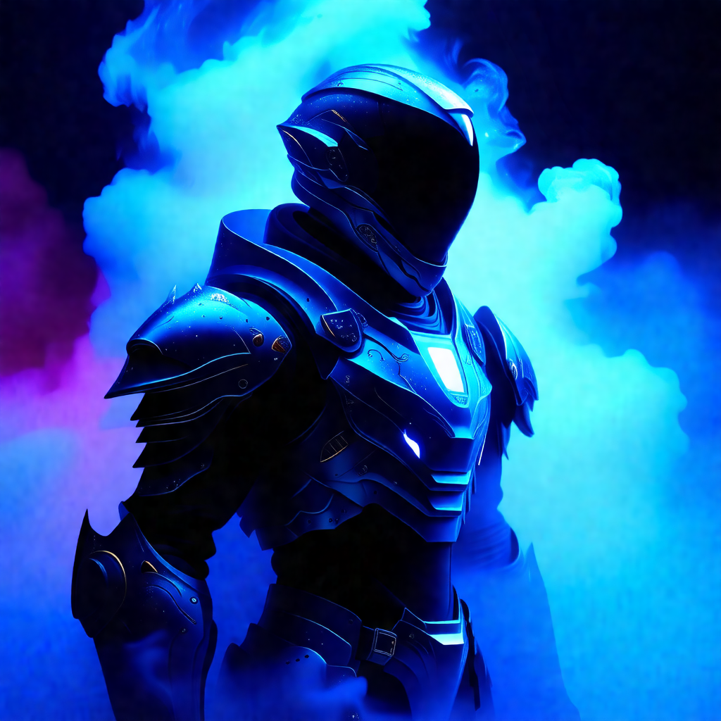 Man wearing a futuristic suit, standing in a blue and pur...