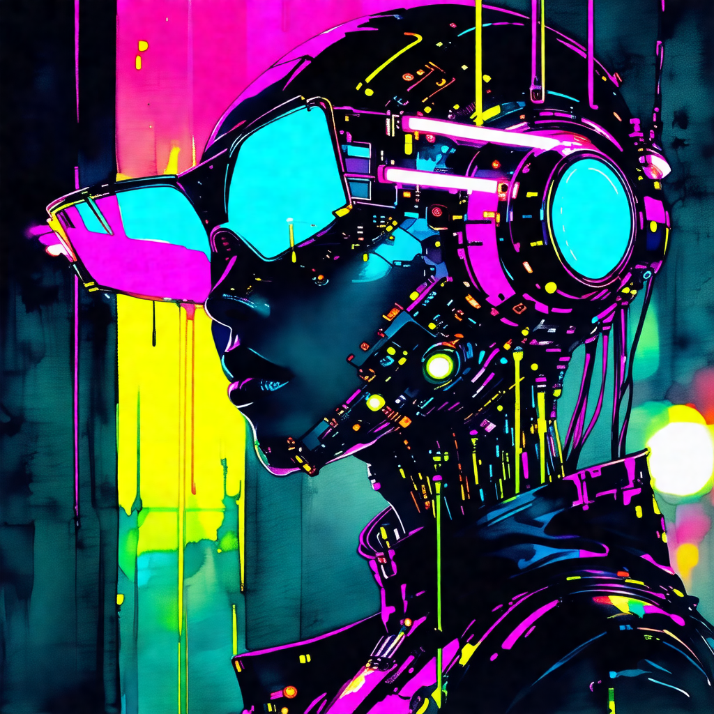 Colorful and vibrant painting of a woman wearing a futuri...