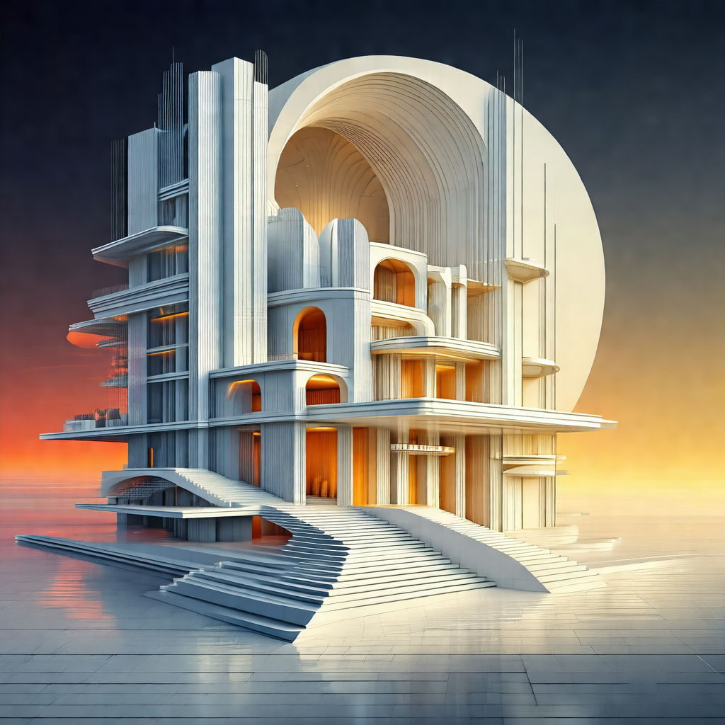 3d rendering of a large white building with a circular st...
