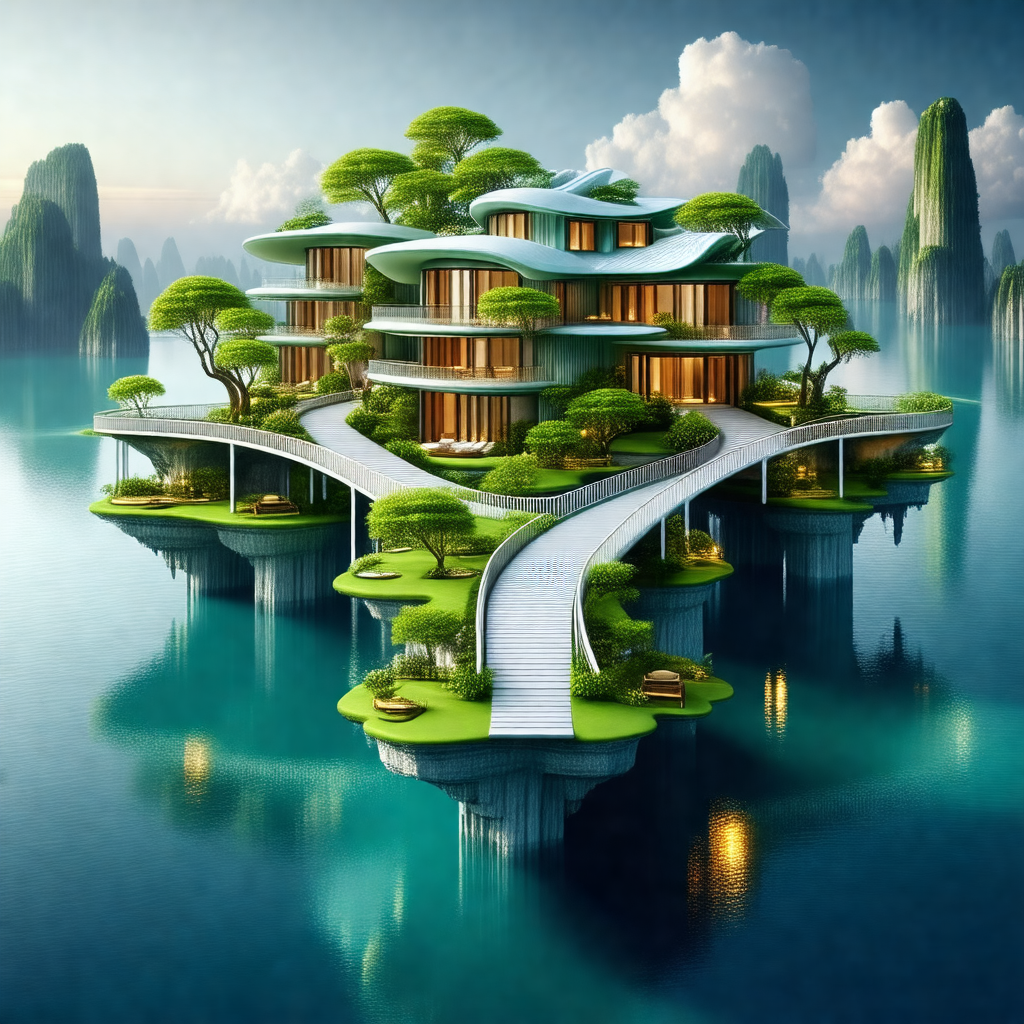 Large, modern-looking house situated on a man-made island