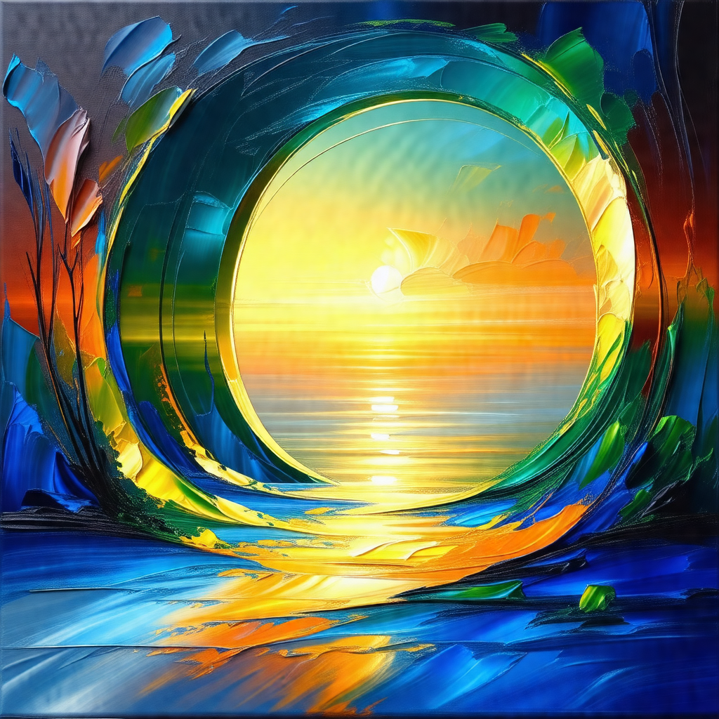 Large, colorful, and abstract painting of a sunset