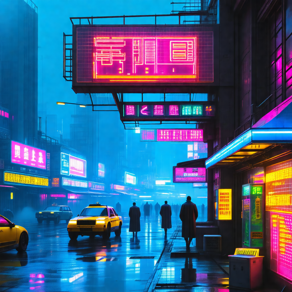 Rainy night in a city, with a group of people walking dow...