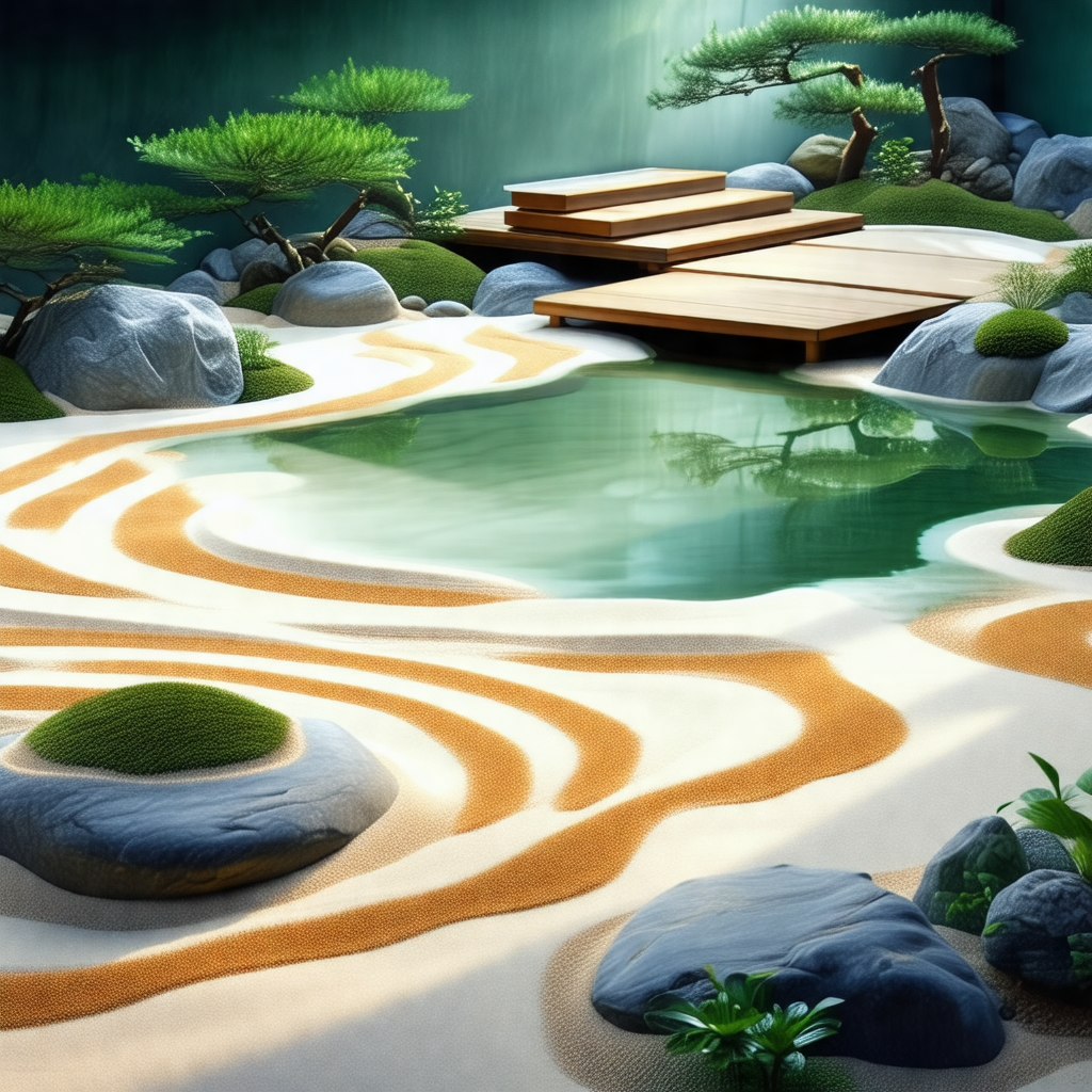 Beautifully designed garden with a pond in the center