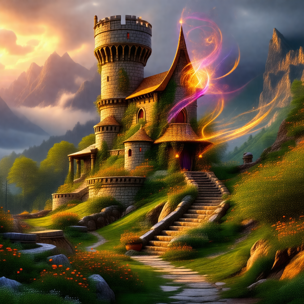 Digital painting of a large, old castle with a moat and a...