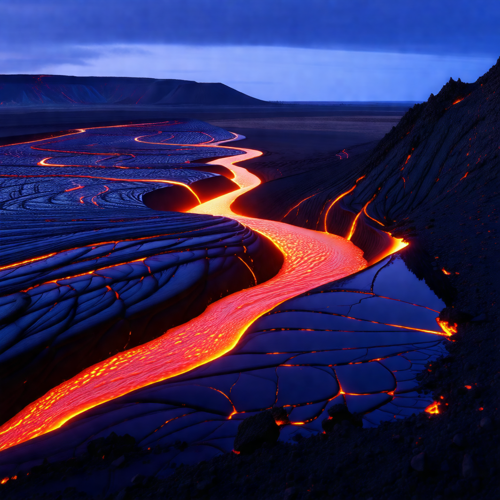 Red lava flow, likely from a volcano, flowing down a hill...
