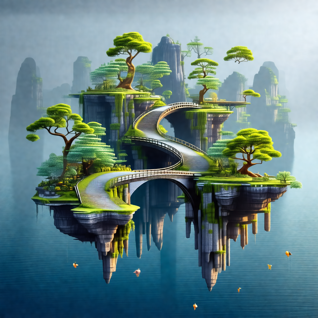 Digital painting of a fantasy island with a bridge leadin...