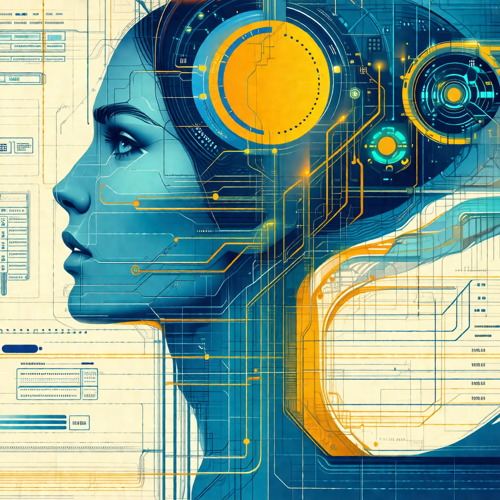 Blue and yellow digital artwork featuring a woman's face ...