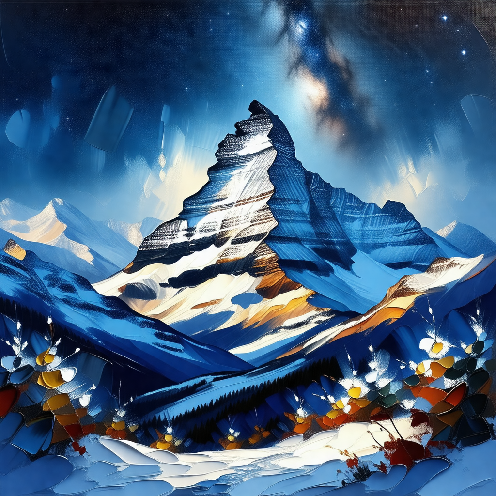 Painting of a snow-covered mountain with a large peak
