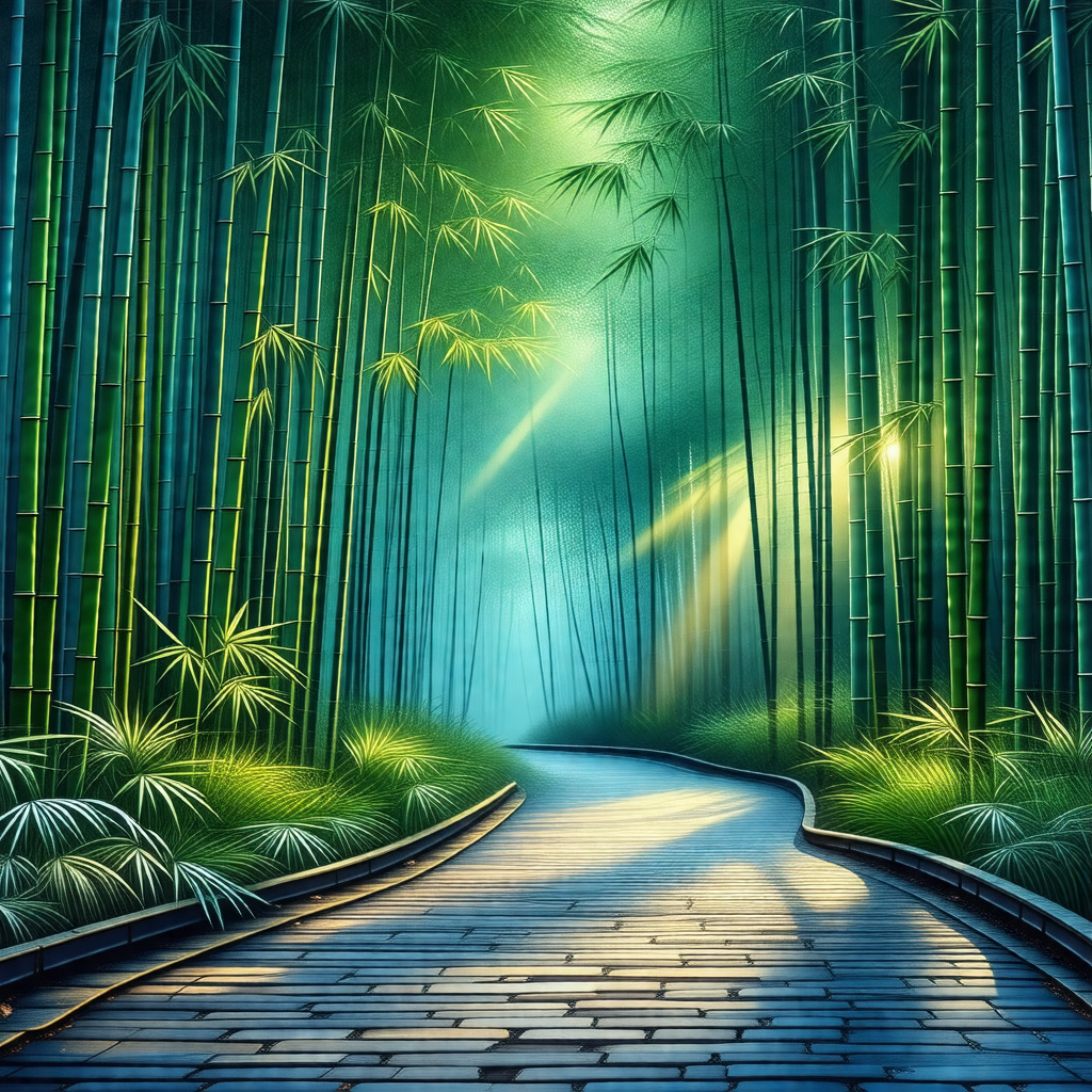 Pathway surrounded by a forest of tall, slender bamboo trees