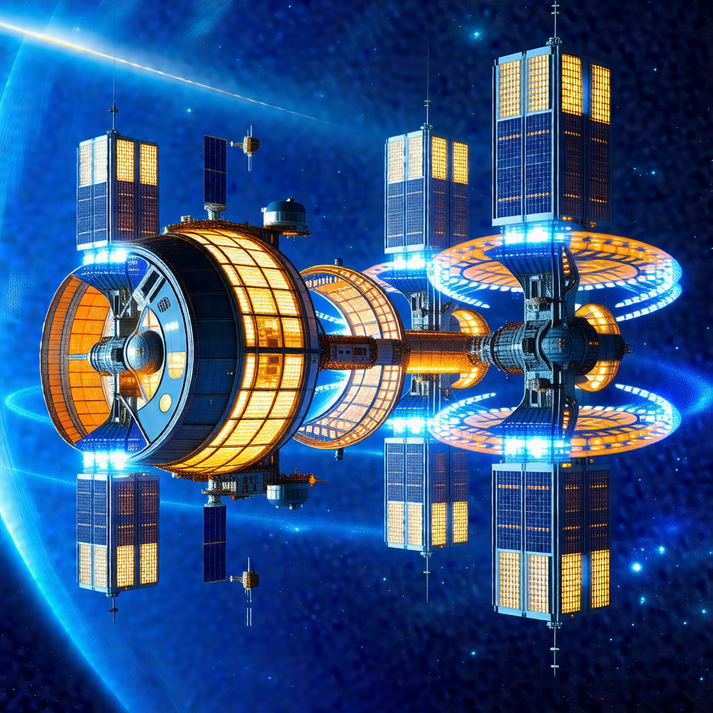 Large space station with a dome-shaped structure at the c...