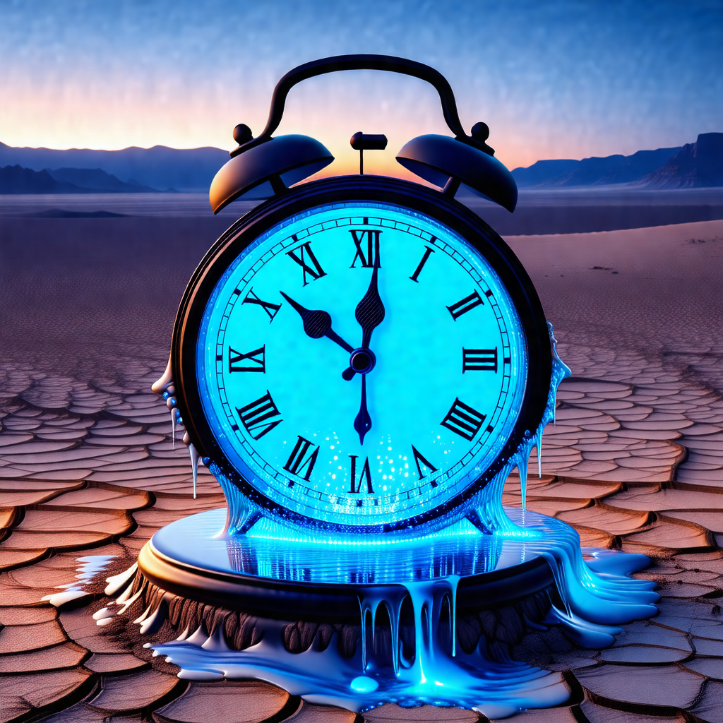 Large blue clock sitting on a dirt ground