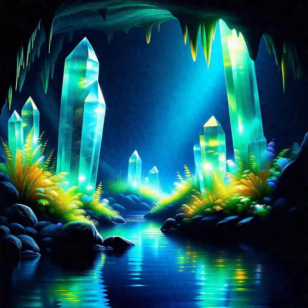Colorful and imaginative painting of a cave with a river ...