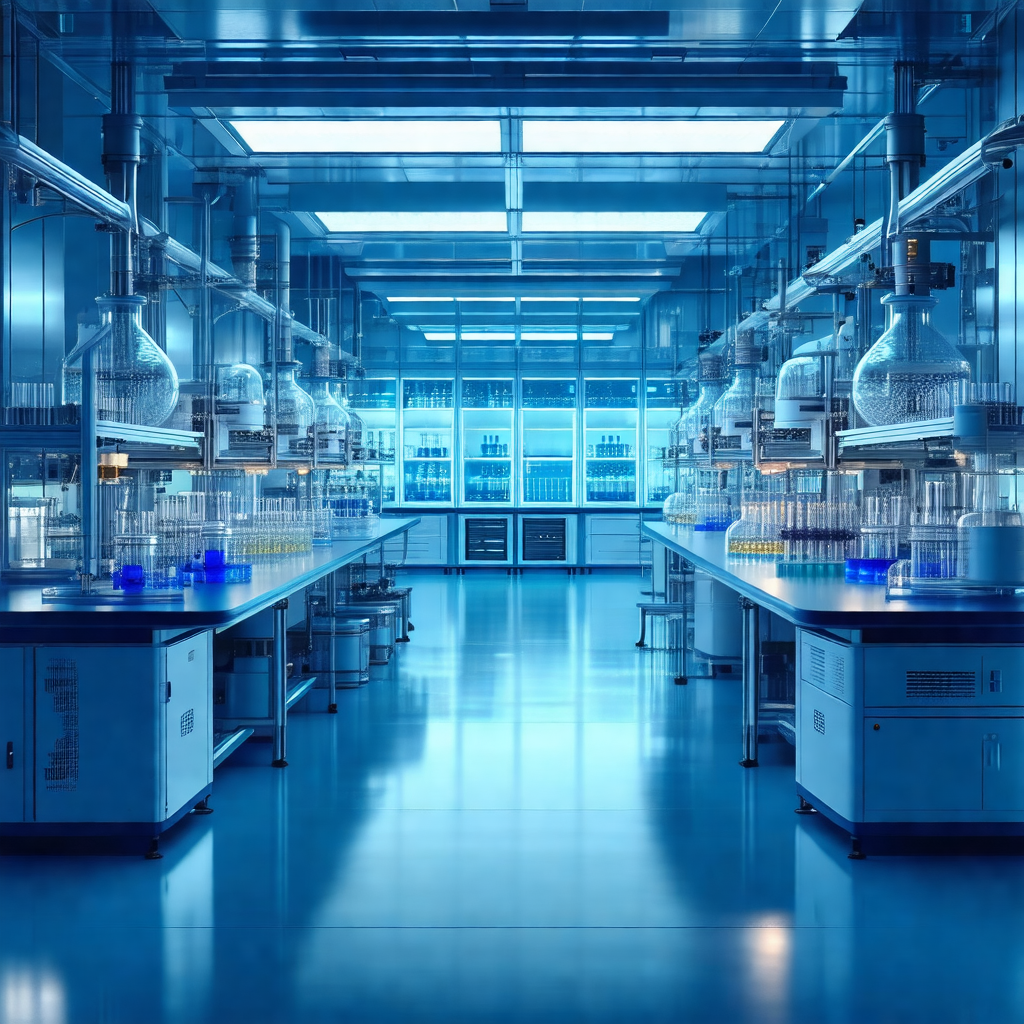 Large, clean laboratory with a blue-lit atmosphere