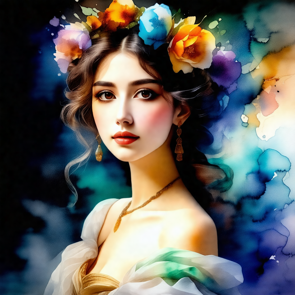 Beautiful woman with long hair, wearing a white dress and...