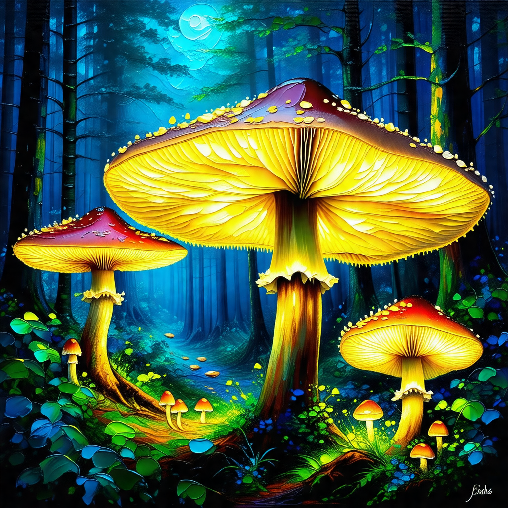 Forest with a group of mushrooms growing on the ground