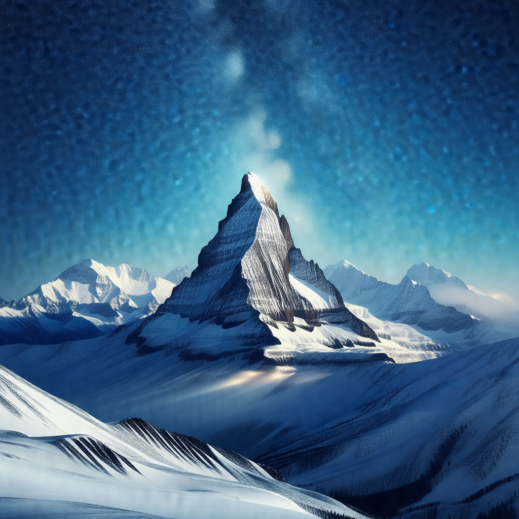 Majestic mountain with a snow-covered peak, towering over...
