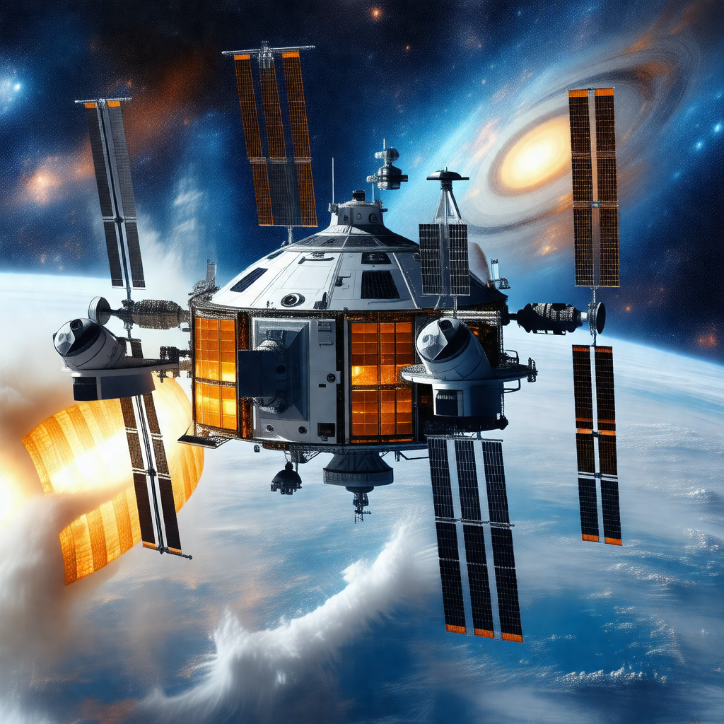 Large spacecraft with a dome-shaped structure on top, fly...