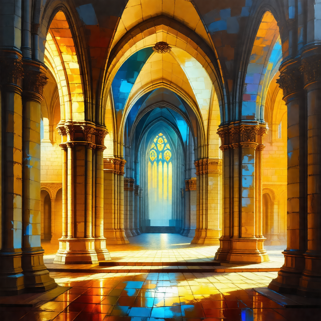 Painting of a large cathedral with a tall, narrow tower