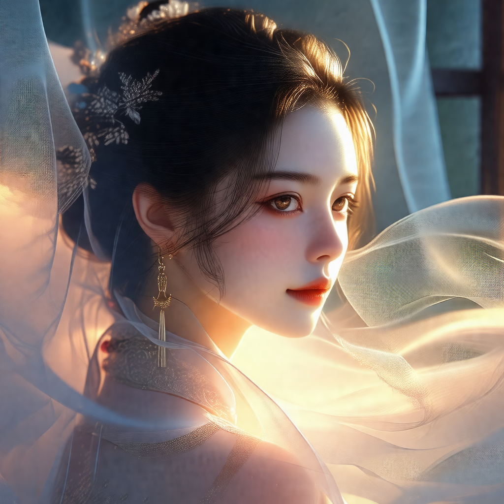Beautiful young woman with long hair, wearing a white veil