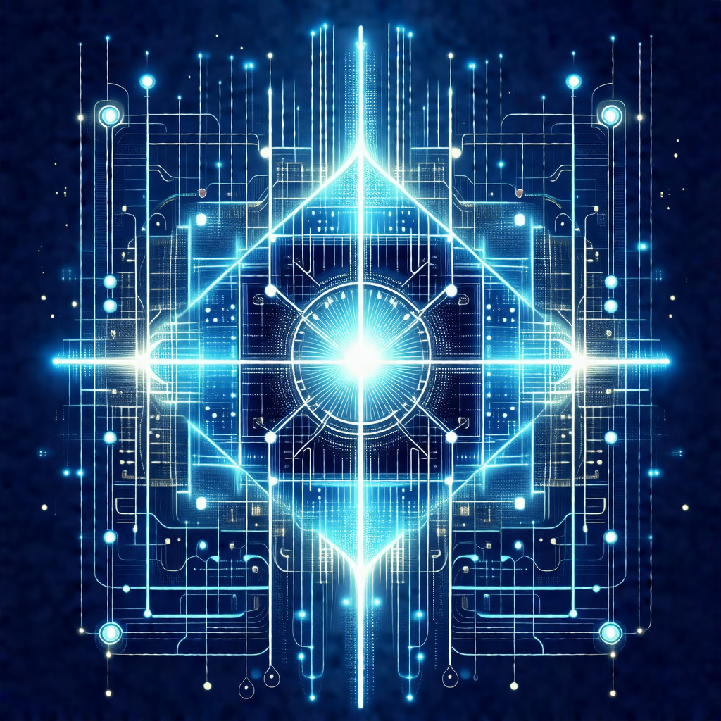 Blue and white digital artwork featuring a large, brightl...
