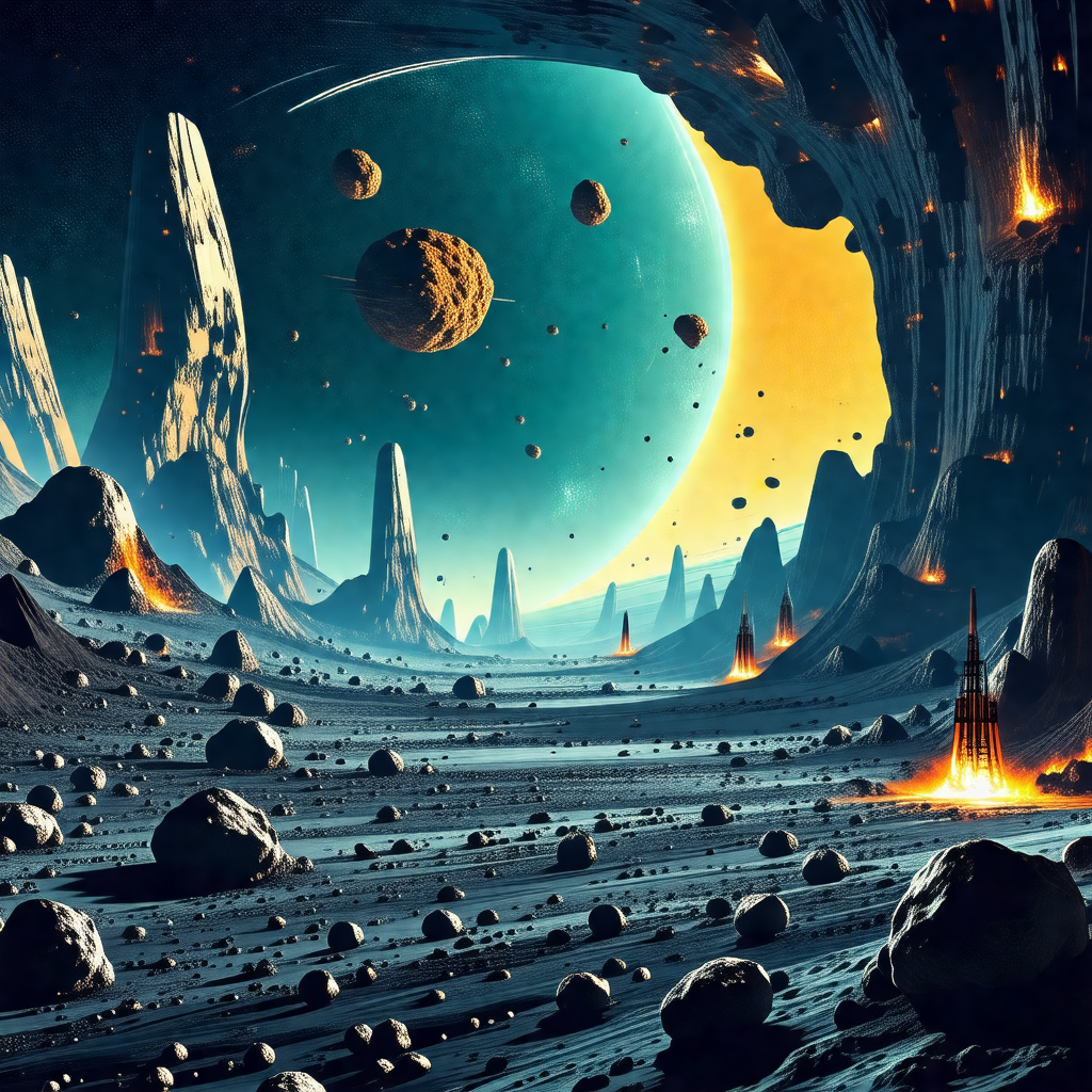 Digital painting of a futuristic landscape with a large, ...