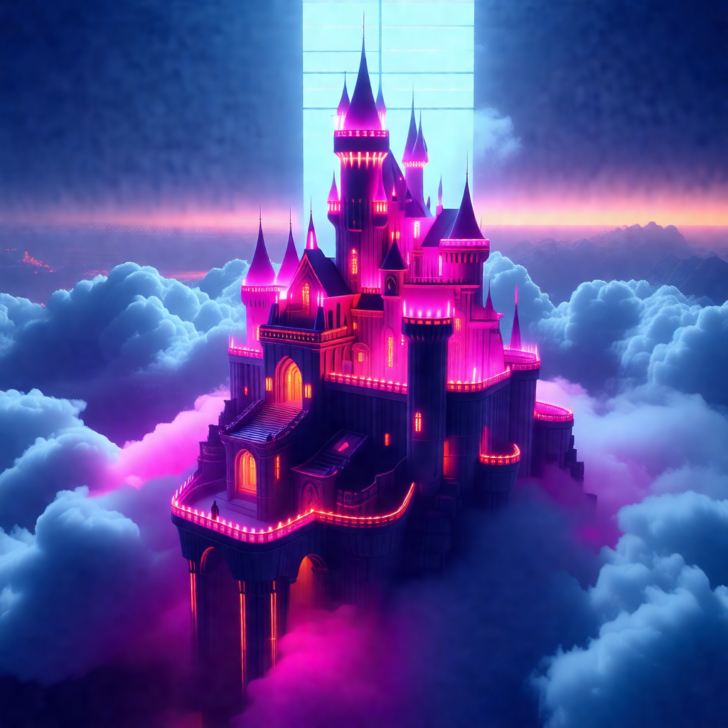 Large, pink castle with a purple roof, sitting on top of ...